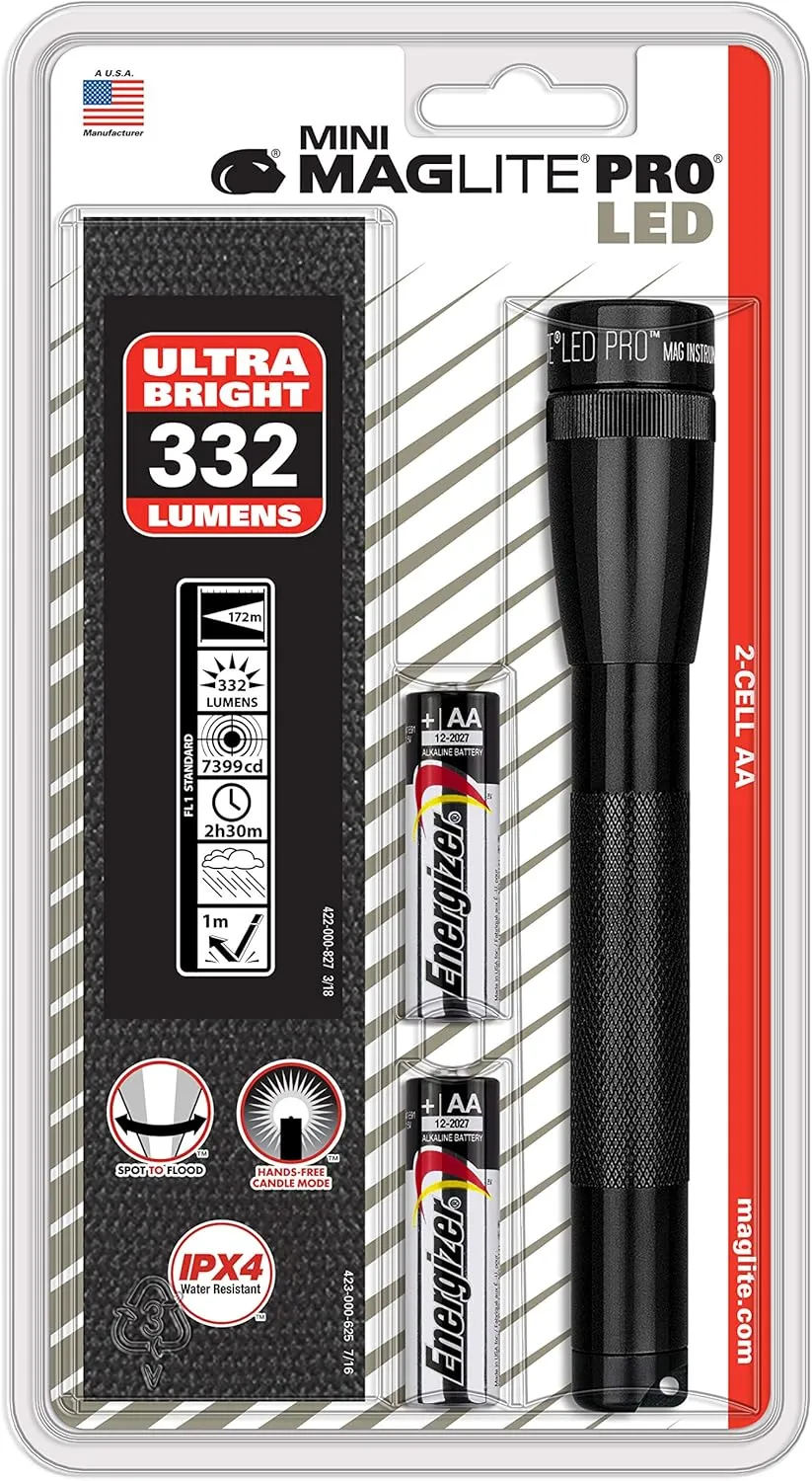 MagLite Mini LED PRO Flashlight - Ultra Bright 332 Lumens, Adjustable Beam, Water-Resistant IPX4, Shock Resistant, 2 Power Modes, Includes 2 AA Premium Alkaline Batteries - (Holster Pack, Black)