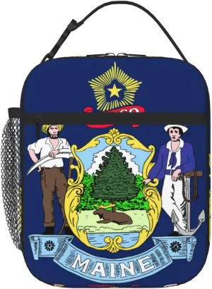 Maine State Flag Print Unisex Beach Insulated Cooler Lunch Bag For Work, Travel 8x4x 10in Lunch Boxes