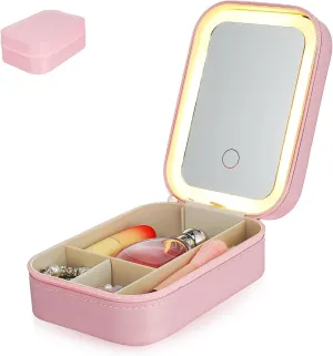 Makeup Bag with Mirror Led Travel Makeup Case Compact Organizer with Divided Storage for Skincare and Cosmetics Go