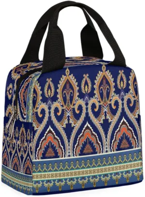 Mandala Palace Embroidery Insulated Lunch Bag Box Reusable Lunch Tote Bag for Women Men Adults Leakproof Lunch Containers Meal Prep Zipper Soft Cooler Bag for Work Office Picnic Travel