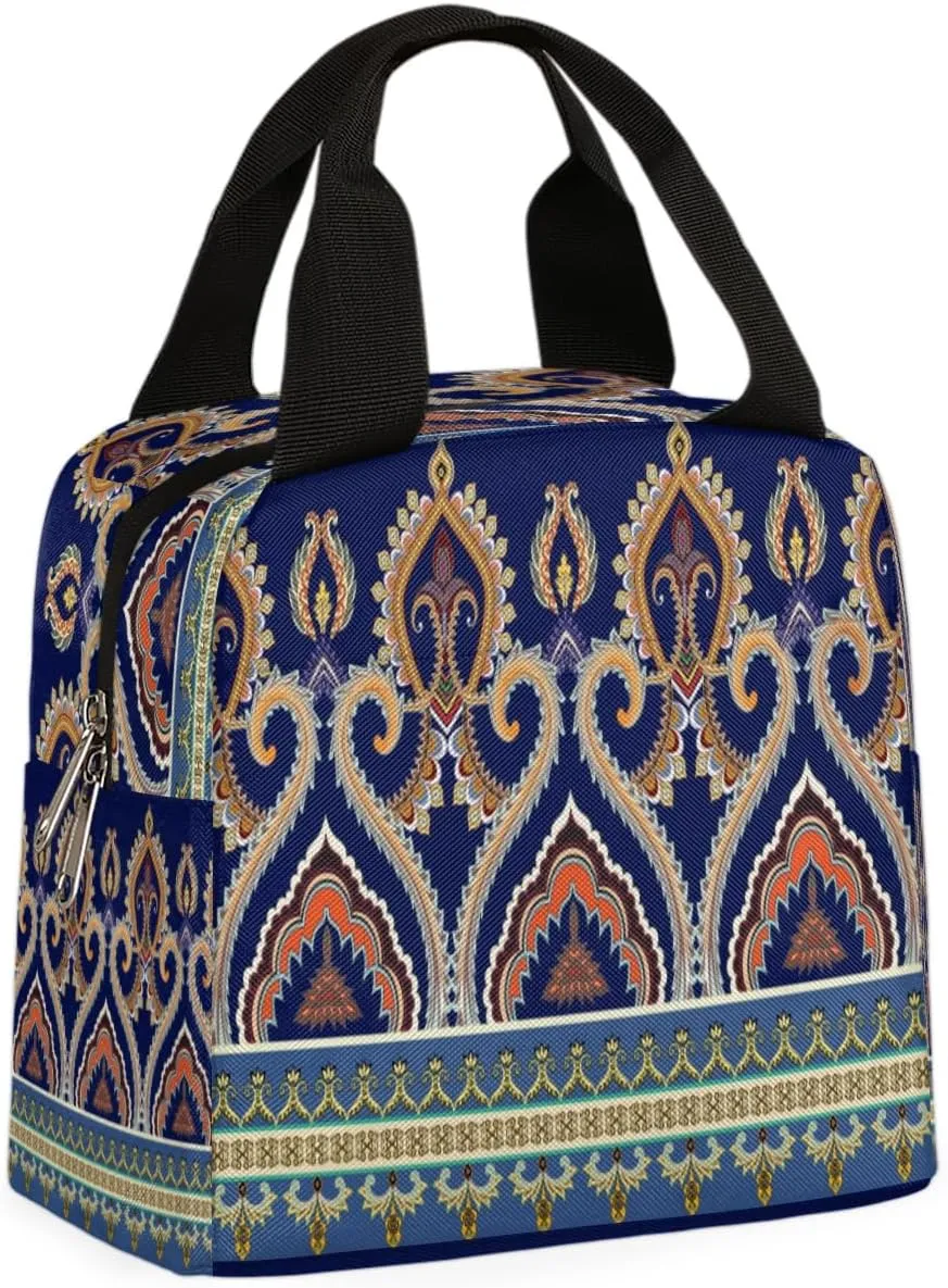 Mandala Palace Embroidery Insulated Lunch Bag Box Reusable Lunch Tote Bag for Women Men Adults Leakproof Lunch Containers Meal Prep Zipper Soft Cooler Bag for Work Office Picnic Travel