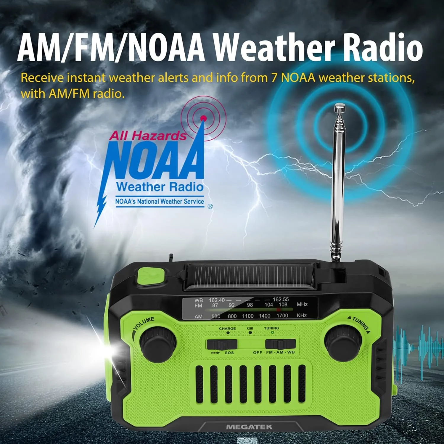 Megatek Emergency NOAA Weather AM/FM Radio with 5000mAh Battery USB-C Phone Charger, Hand-Crank/Solar Powered Survival Radio with Flashlight, Reading Light and Headphone Jack