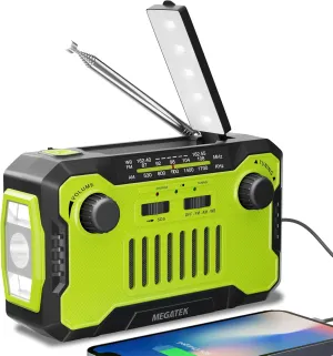 Megatek Emergency NOAA Weather AM/FM Radio with 5000mAh Battery USB-C Phone Charger, Hand-Crank/Solar Powered Survival Radio with Flashlight, Reading Light and Headphone Jack