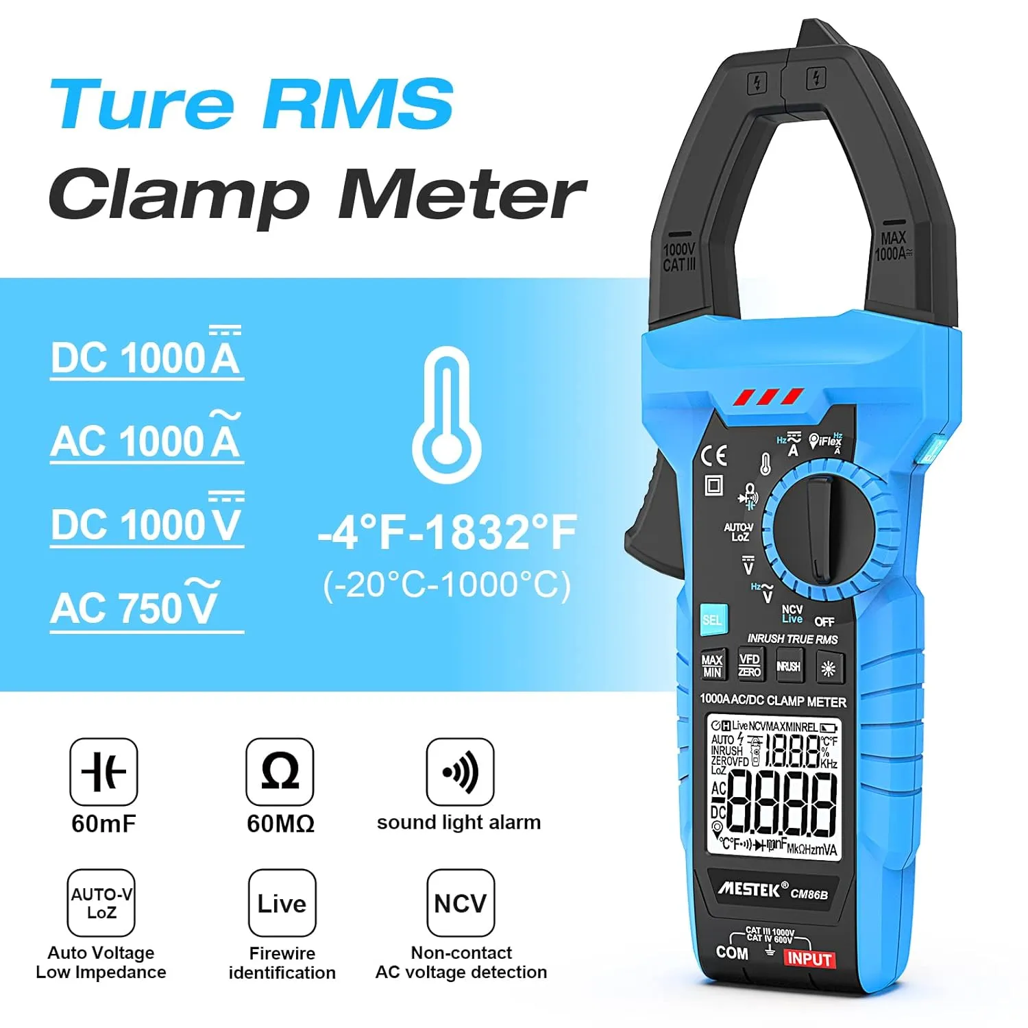 MESTEK Digital Clamp Meter Multimeter with Inrush, 1000A TRMS 6000 Counts Voltage Tester Volt Amp Meter with VFD, LOZ Mode, Measuring AC DC Current Voltage Temp Capacitance Resistance Continuity