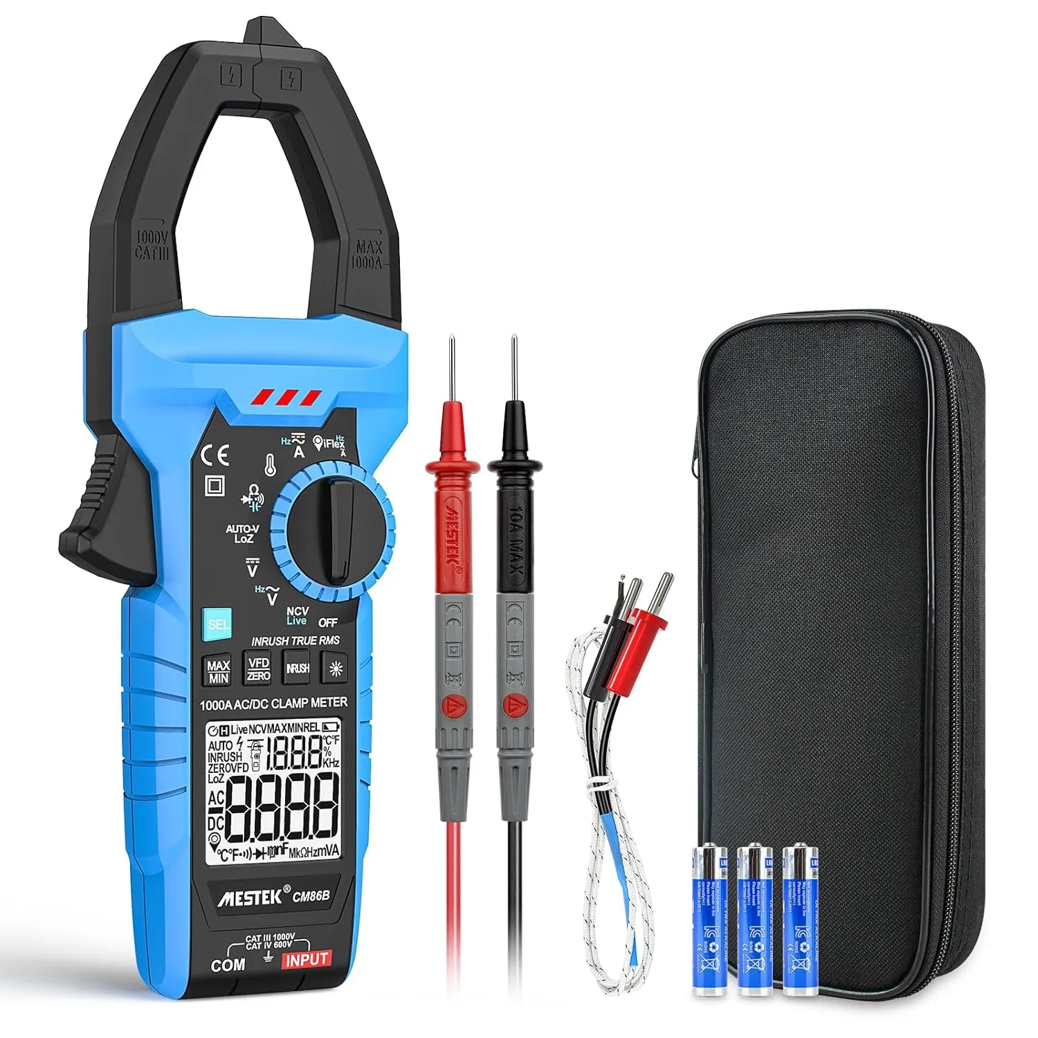 MESTEK Digital Clamp Meter Multimeter with Inrush, 1000A TRMS 6000 Counts Voltage Tester Volt Amp Meter with VFD, LOZ Mode, Measuring AC DC Current Voltage Temp Capacitance Resistance Continuity