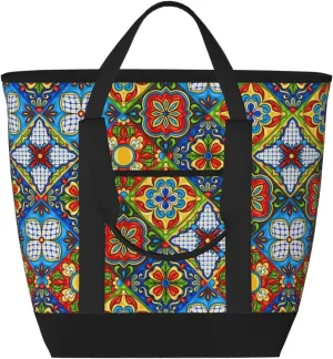 Mexican Ceramic Tile Large Capacity Insulated Tote Bag - Reusable, Adjustable Shoulder, Perfect for Work, Picnic, and Travel, Black, One Size
