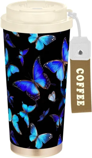 Midnight Flutter Travel Coffee Mug with Straw & Flip Lid, 16oz Ceramic Coated Double Wall Vacuum Insulated Tumbler, Spill Proof Thermos Cup for Hot/Ice Coffee, Drinks