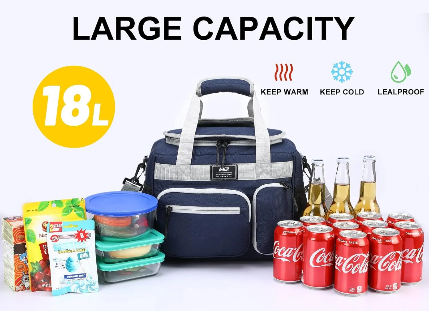 MIER Leakproof Insulated Cooler Lunch Bag for Adult Men Women 30 Can Cooler Bag with Top Flip Lid, 18L, Multiple Pockets (Dark Blue-No Luggage Strap)