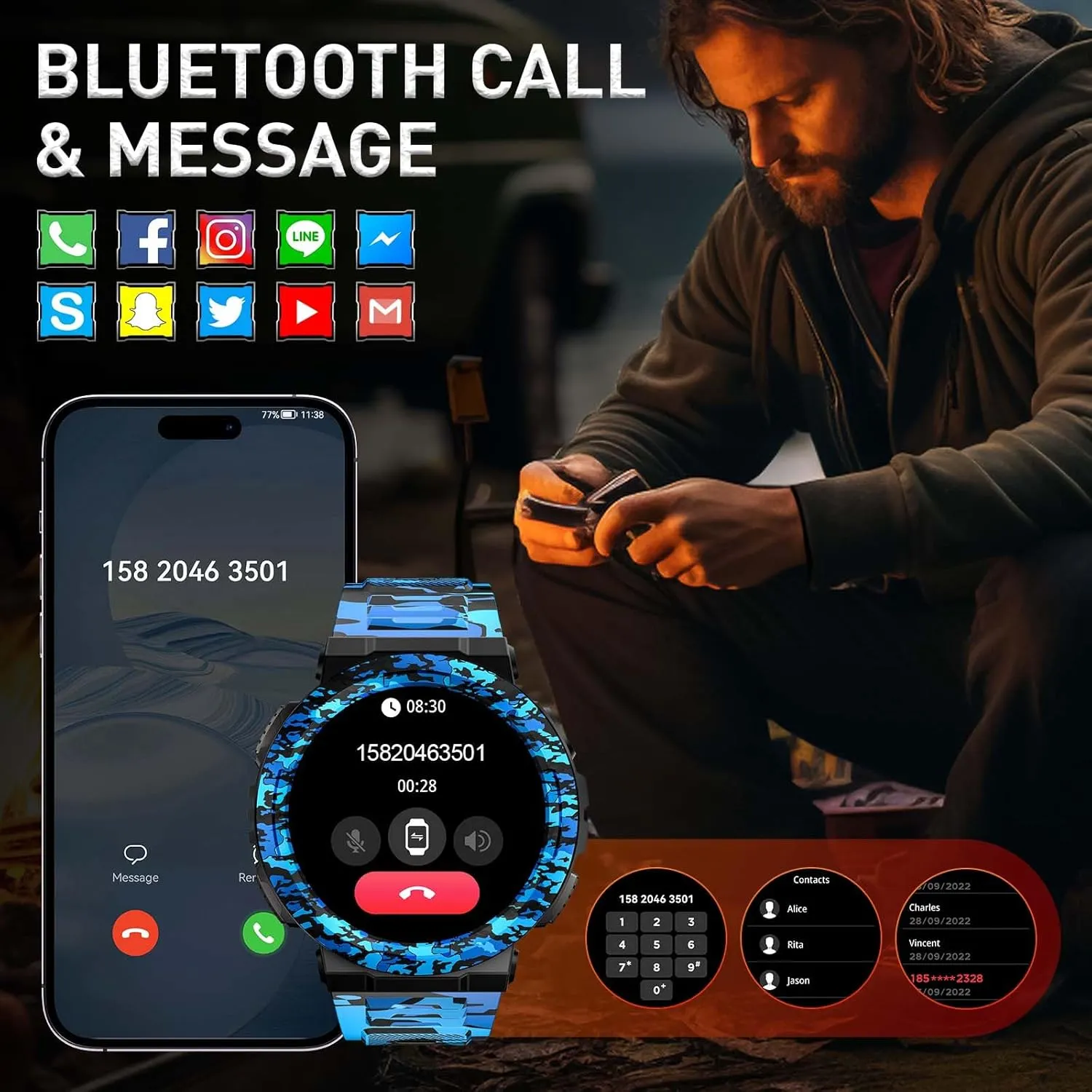 Military Smart Watches for Men (Answer/Make Calls), 1.53" HD Waterproof Smartwatch with Flashlight, Outdoor Sports Fitness Tracker with 100  Sports Modes, Heart Rate, Sleep Monitor for iPhone Android