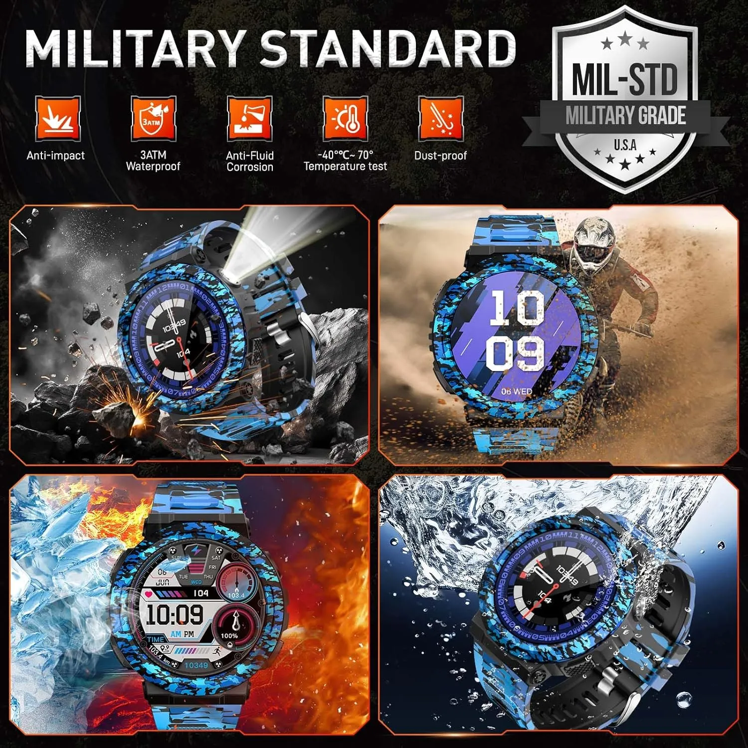 Military Smart Watches for Men (Answer/Make Calls), 1.53" HD Waterproof Smartwatch with Flashlight, Outdoor Sports Fitness Tracker with 100  Sports Modes, Heart Rate, Sleep Monitor for iPhone Android
