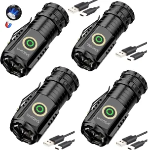 Mini Flashlight 2550 Lumens Rechargeable USB C Charging, Small Flashlights High Lumens 5 Modes, Pocket Flashlight with Clip, Magnetic Flashlight for EDC,Camping, Hiking,Emergency (4 Pack)