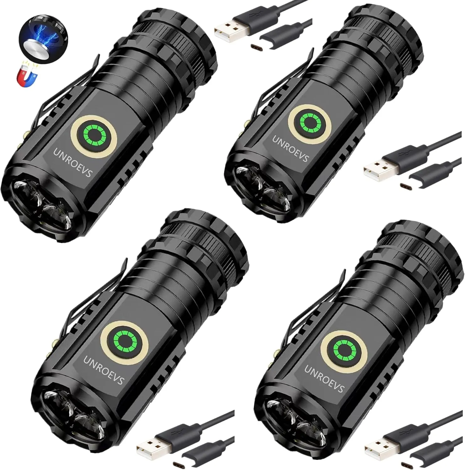 Mini Flashlight 2550 Lumens Rechargeable USB C Charging, Small Flashlights High Lumens 5 Modes, Pocket Flashlight with Clip, Magnetic Flashlight for EDC,Camping, Hiking,Emergency (4 Pack)
