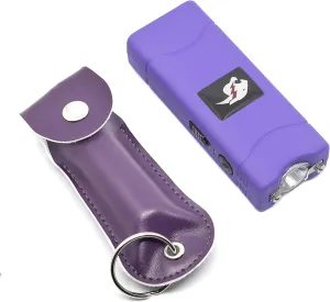 Mini Stun Gun Pepper Spray Combo for Self Defense - Extremely Powerful Stun Gun with Flashlight 1/2 Ounce Police Grade Max Strength 10% Pepper Stream w/Pouch (Purple)