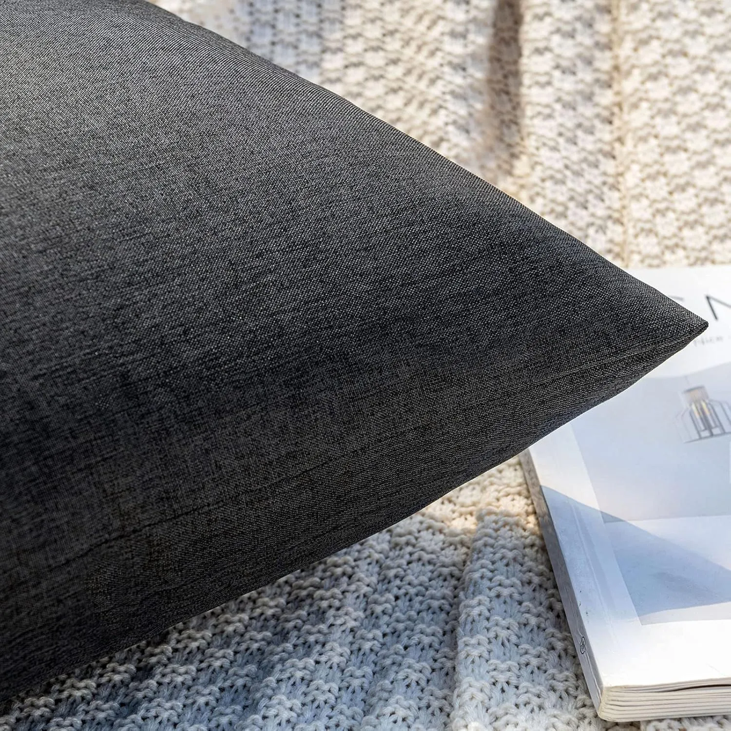 MIULEE Pack of 2 Decorative Outdoor Solid Waterproof Throw Pillow Covers Faux Linen Garden Farmhouse Cushion Cases for Patio Tent Balcony Couch Sofa 20x20 inch Black