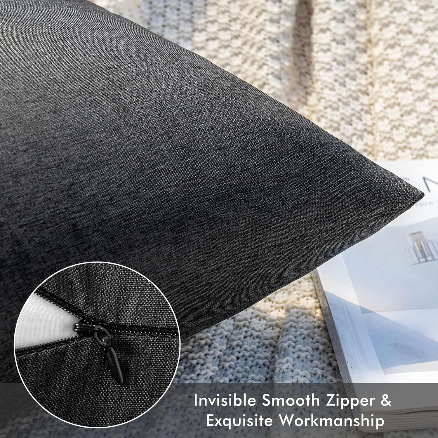 MIULEE Pack of 2 Decorative Outdoor Solid Waterproof Throw Pillow Covers Faux Linen Garden Farmhouse Cushion Cases for Patio Tent Balcony Couch Sofa 20x20 inch Black