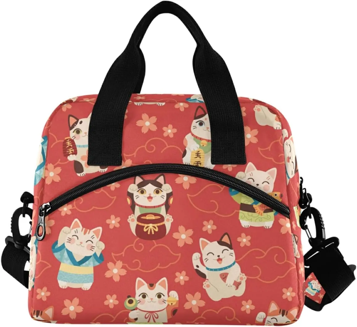 MNSRUU Insulated Lunch Bag - Japanese Maneki Cats Lunch Cooler Bag for Work, School, Adults & Teens