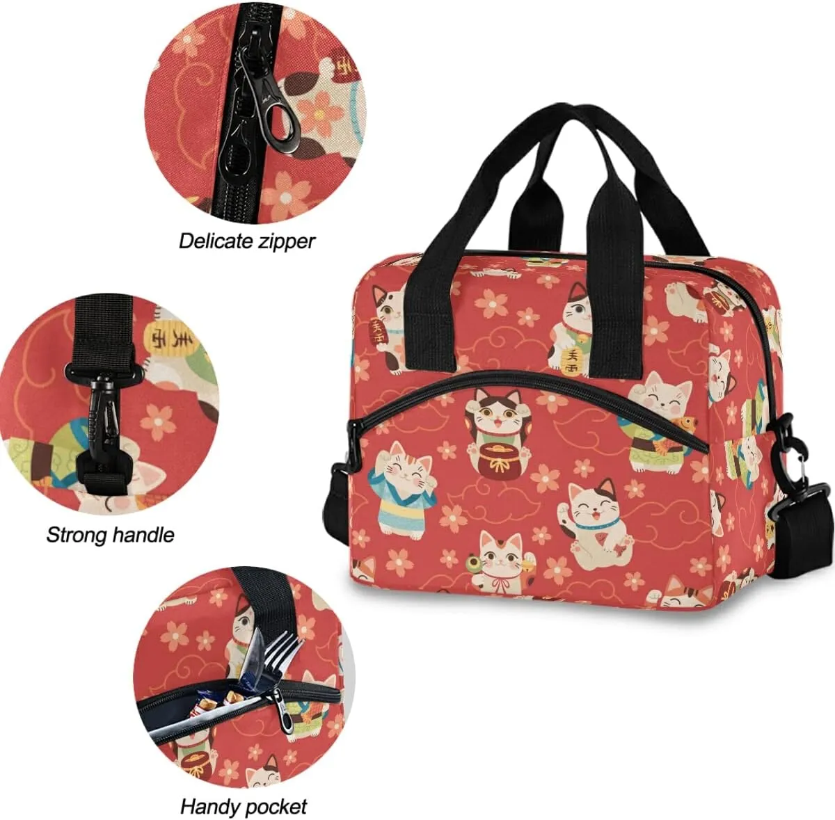 MNSRUU Insulated Lunch Bag - Japanese Maneki Cats Lunch Cooler Bag for Work, School, Adults & Teens