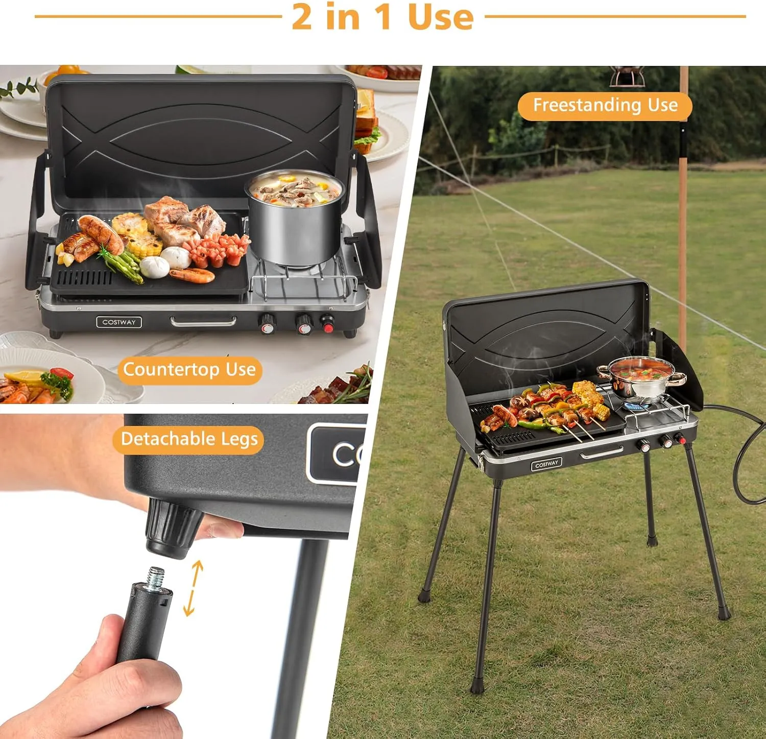 Moccha 2-Burner Propane Camping Stove - Portable Camp Grill w/Dual Control Knobs, Detachable Legs, 3-Sided Wind Screen, 20,000 Total BTUs, Outdoor Grill Stove for Tailgating BBQ Picnic (Black)