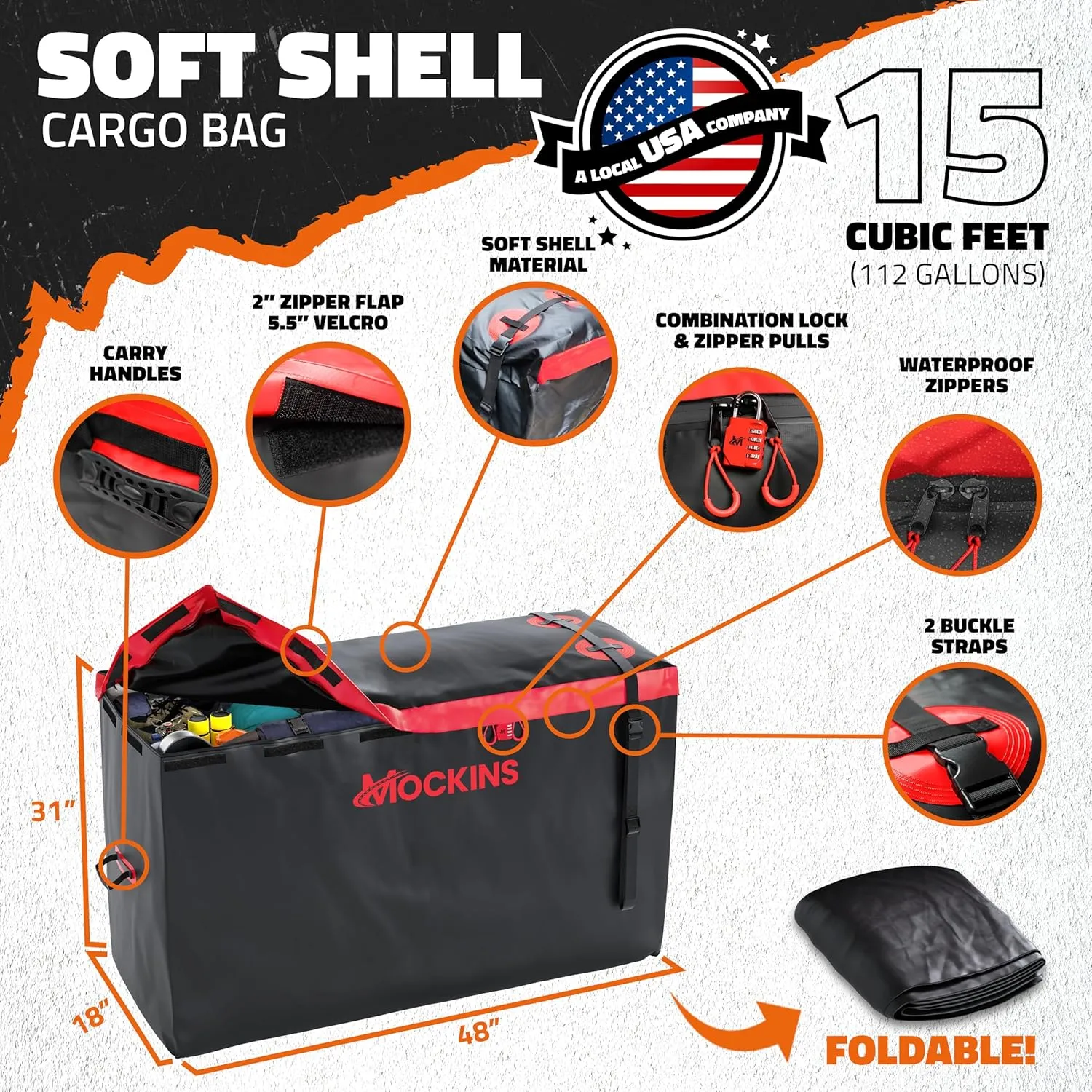 Mockins 15 Cu.Ft. Soft-Shell Trailer Hitch Cargo Carrier Bag w/ 4 Packing Cubes | 48"x18"x31" All-Weather & Waterproof Cargo Bag for Hitch Carrier | Durable Vinyl Truck Bed Bag w/Buckle Straps & Lock