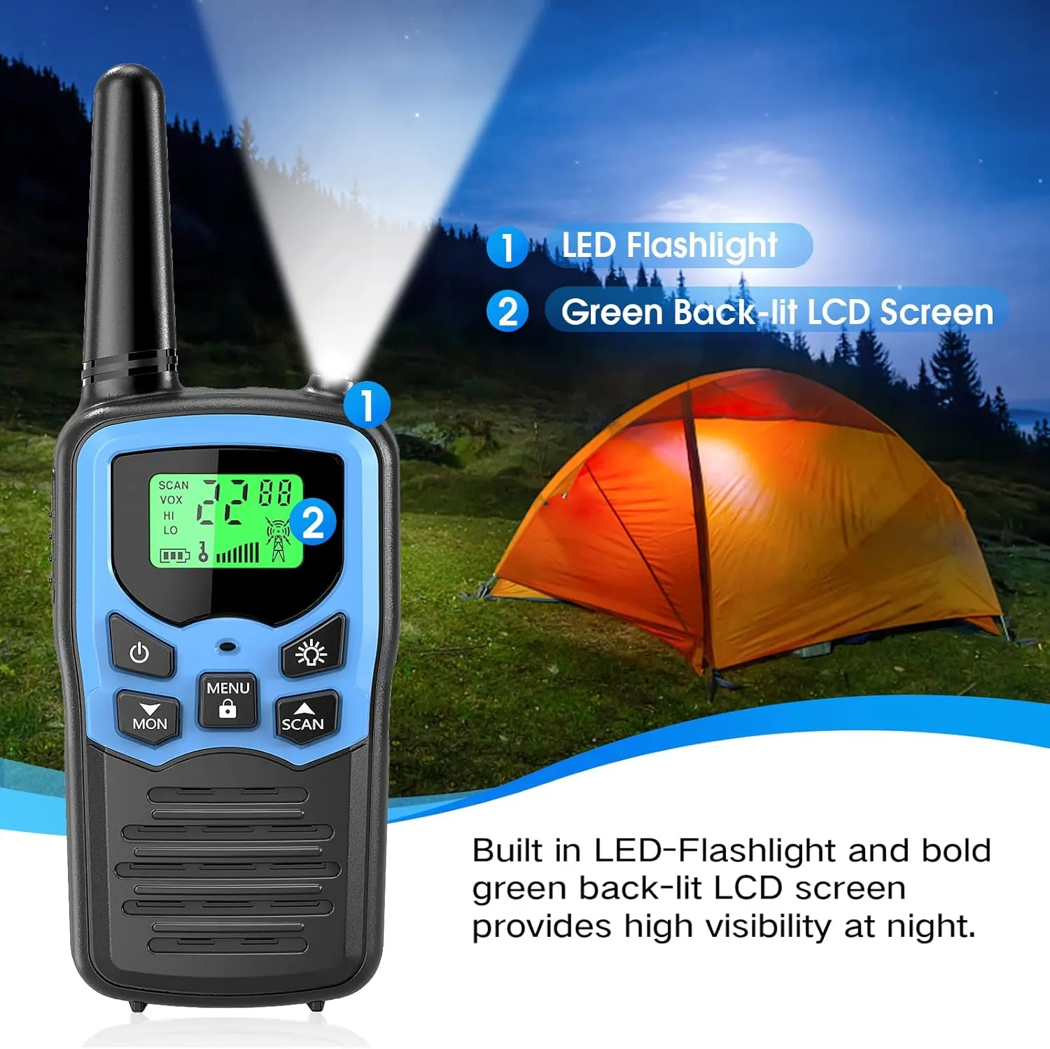 MOICO Walkie Talkies for Adults with 22 FRS Channels, LED Flashlight, VOX Scan LCD Display, Long Range Family Walkie Talkie Radios for Hiking Camping Trip (Dark Blue)