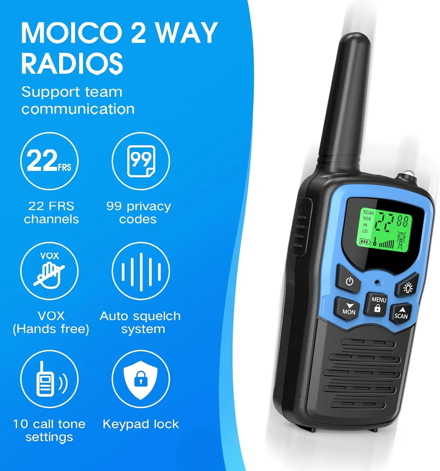 MOICO Walkie Talkies for Adults with 22 FRS Channels, LED Flashlight, VOX Scan LCD Display, Long Range Family Walkie Talkie Radios for Hiking Camping Trip (Dark Blue)