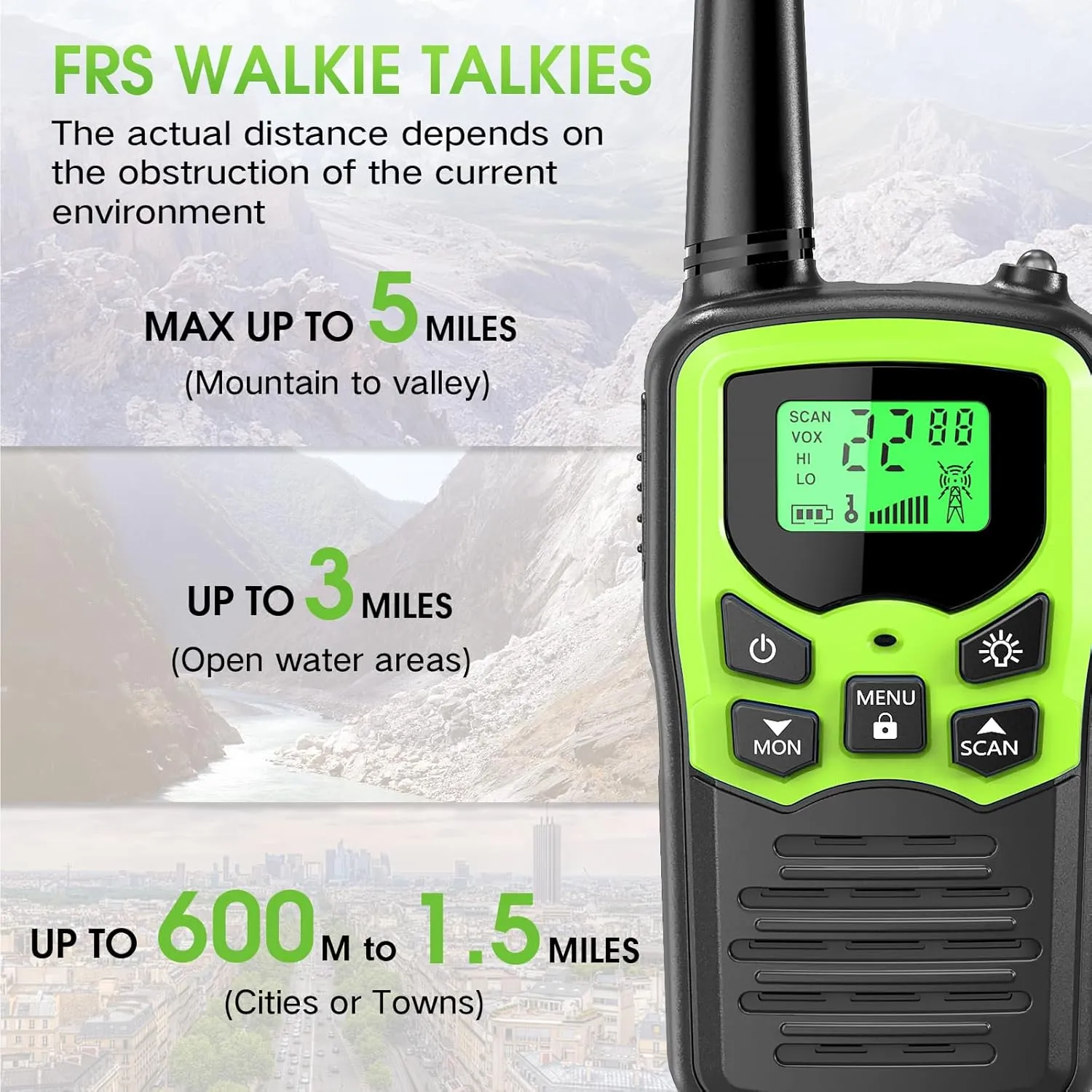 MOICO Walkie Talkies for Adults with 22 FRS Channels, LED Flashlight, VOX Scan LCD Display, Long Range Family Walkie Talkie Radios for Hiking Camping Trip (Green)