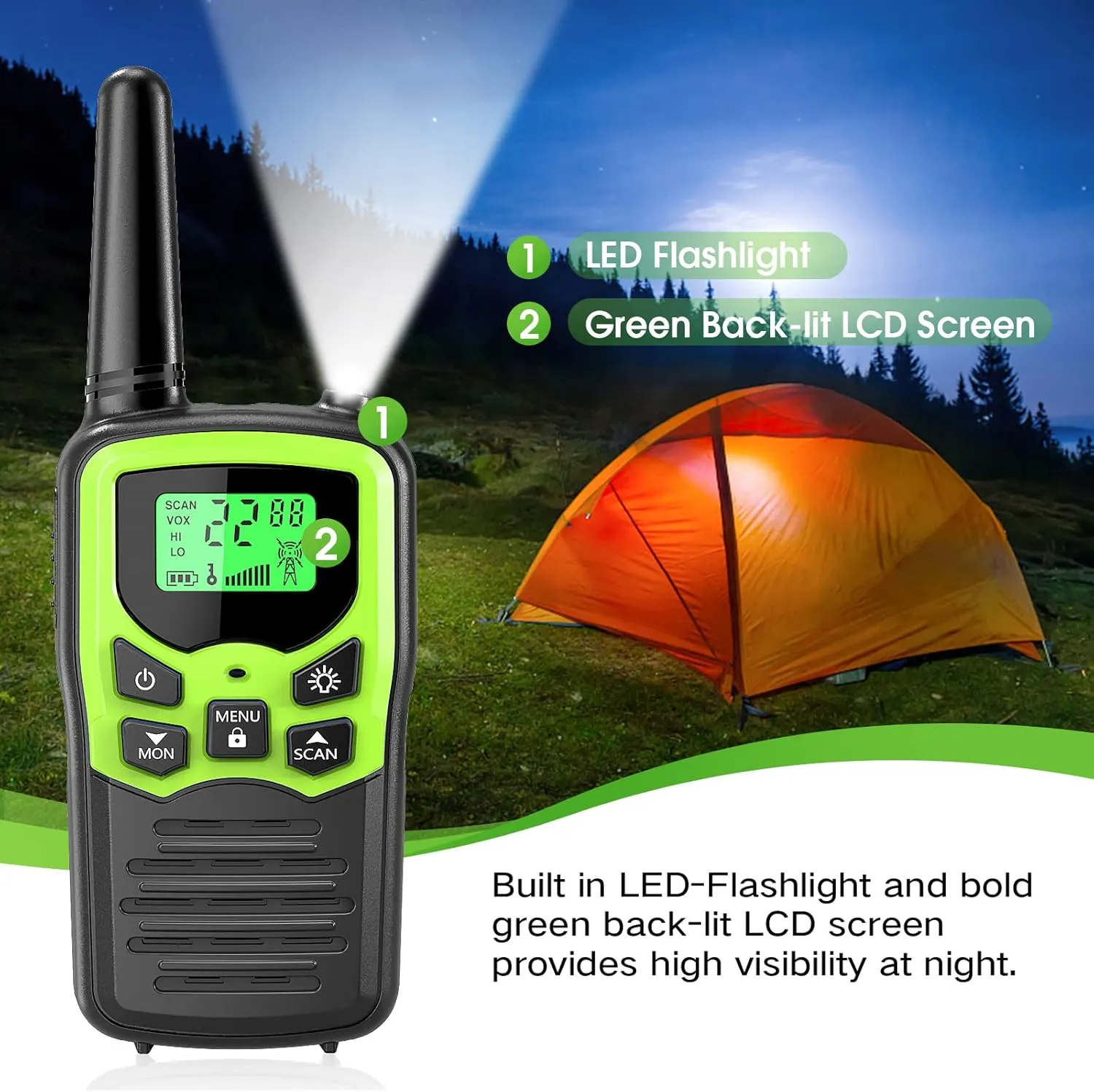 MOICO Walkie Talkies for Adults with 22 FRS Channels, LED Flashlight, VOX Scan LCD Display, Long Range Family Walkie Talkie Radios for Hiking Camping Trip (Green)