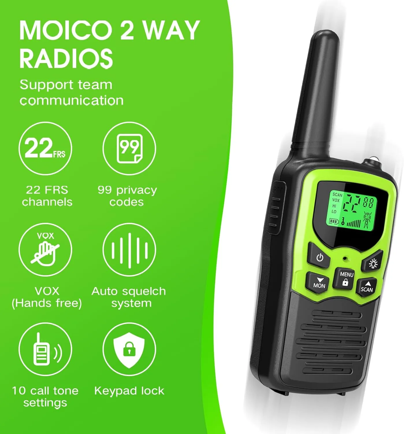 MOICO Walkie Talkies for Adults with 22 FRS Channels, LED Flashlight, VOX Scan LCD Display, Long Range Family Walkie Talkie Radios for Hiking Camping Trip (Green)