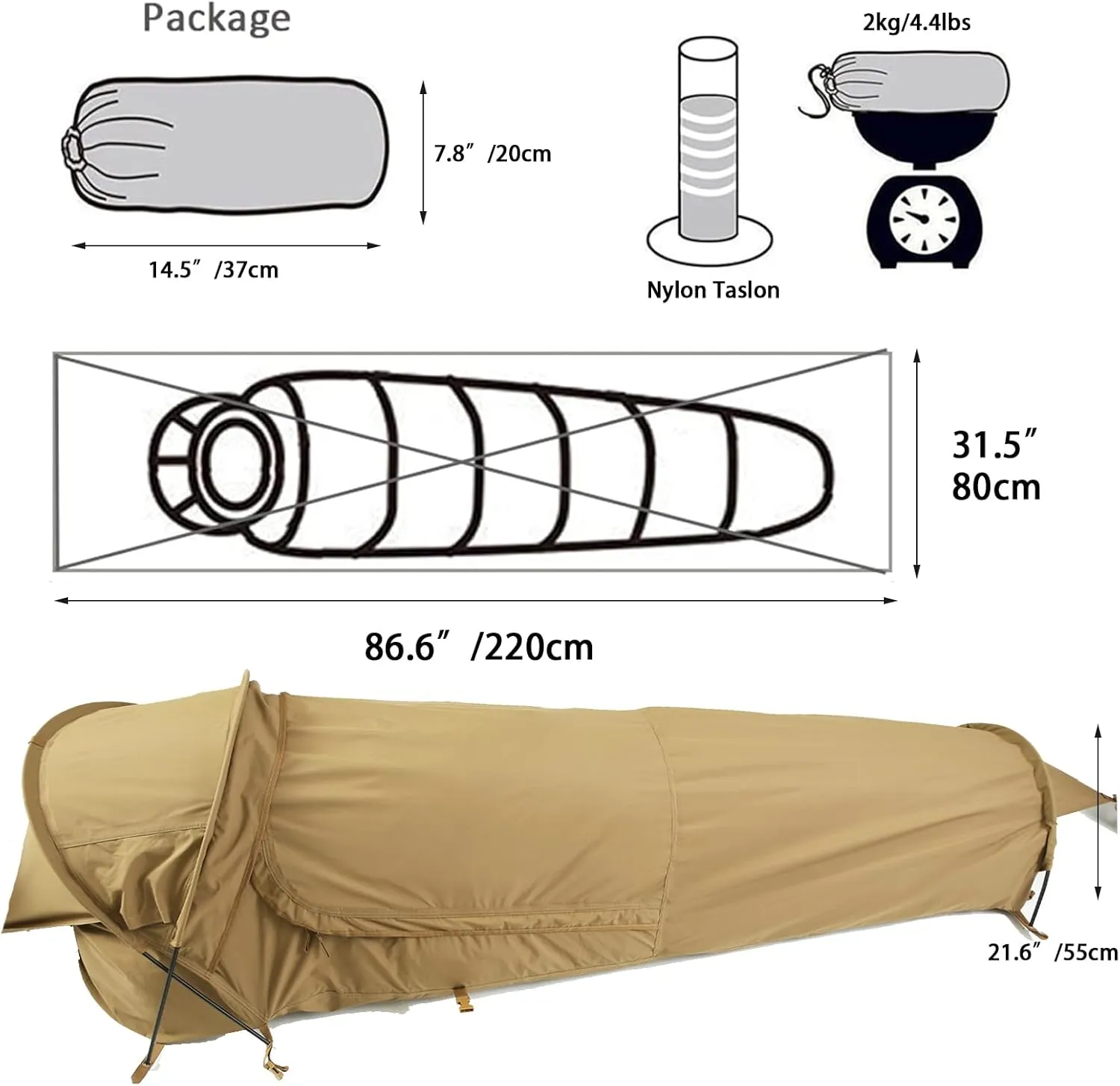 MT Military Hideaway Bivy Cover Stealth Compact Single-Pole Hooped Tent for Modular Sleeping Bags with Mosquito Bug Net Mesh,Waterproof Breathable Outer Shell, Minimalist Shelter