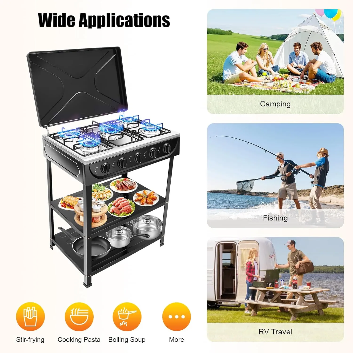 Natural Gas Stove, 5 Burner Natural Gas Burner Portable Black Camping Stove Manual Ignition Gas Stove with Support Leg Stand and Wind Blocking Cover for RV, Apartment, Outdoor Cooking