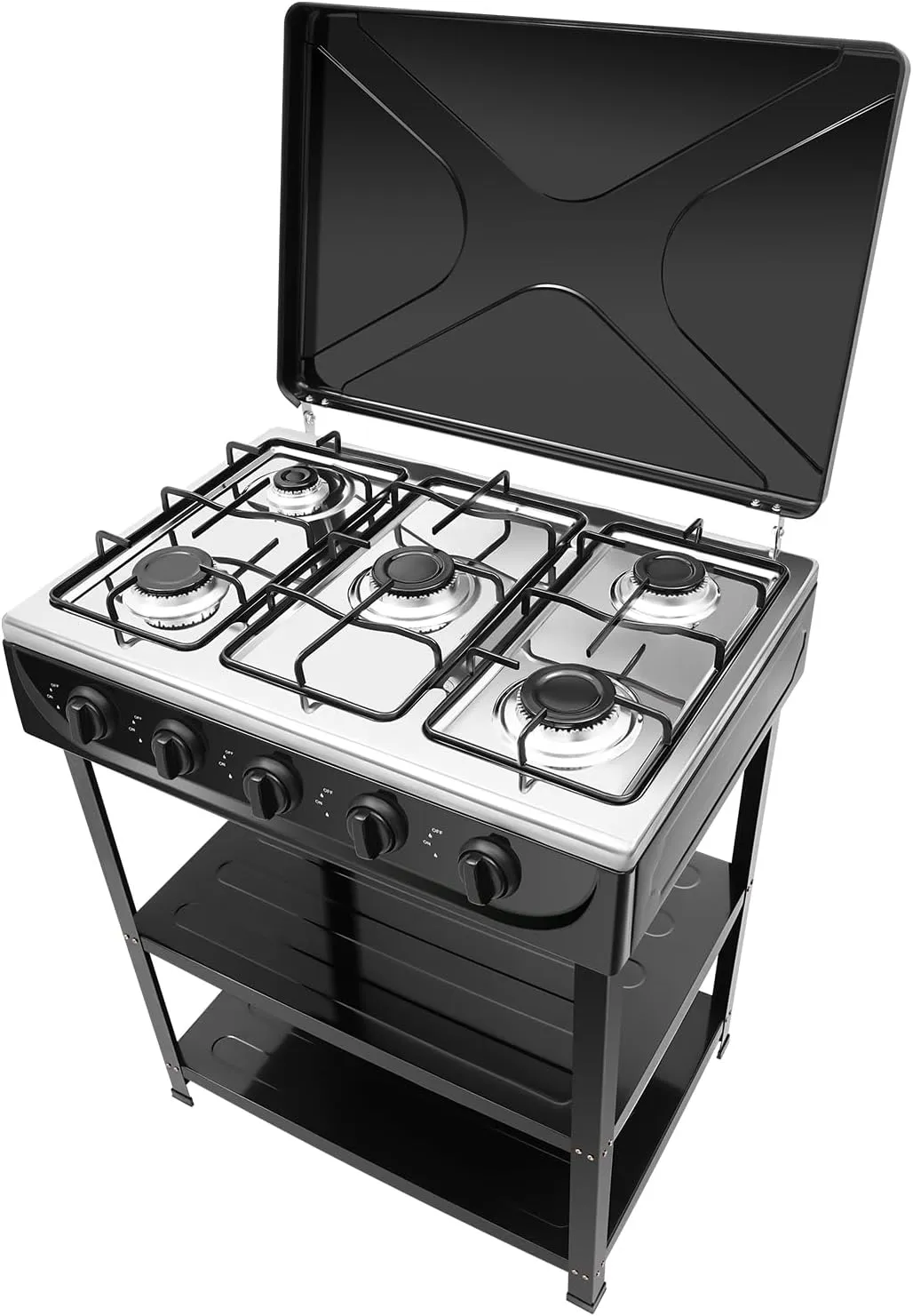 Natural Gas Stove, 5 Burner Natural Gas Burner Portable Black Camping Stove Manual Ignition Gas Stove with Support Leg Stand and Wind Blocking Cover for RV, Apartment, Outdoor Cooking