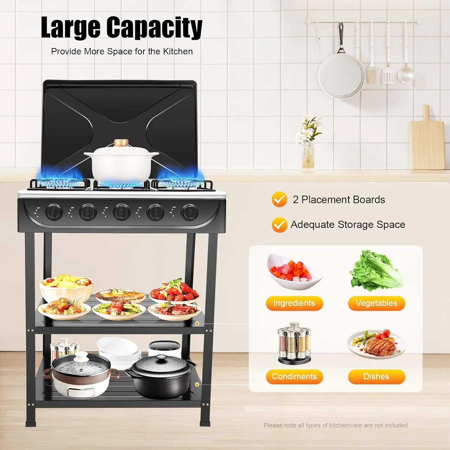 Natural Gas Stove, 5 Burner Natural Gas Burner Portable Black Camping Stove Manual Ignition Gas Stove with Support Leg Stand and Wind Blocking Cover for RV, Apartment, Outdoor Cooking