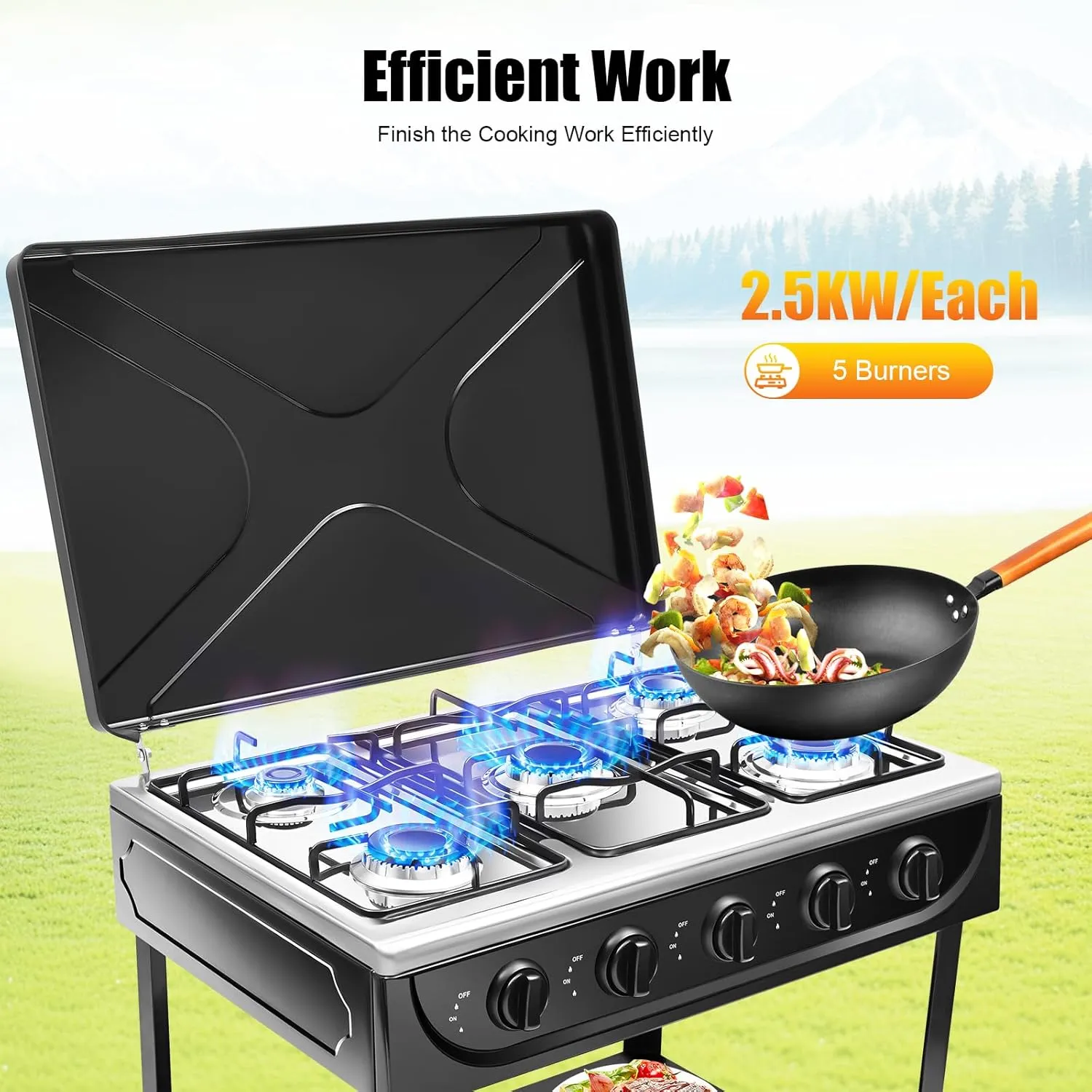 Natural Gas Stove, 5 Burner Natural Gas Burner Portable Black Camping Stove Manual Ignition Gas Stove with Support Leg Stand and Wind Blocking Cover for RV, Apartment, Outdoor Cooking