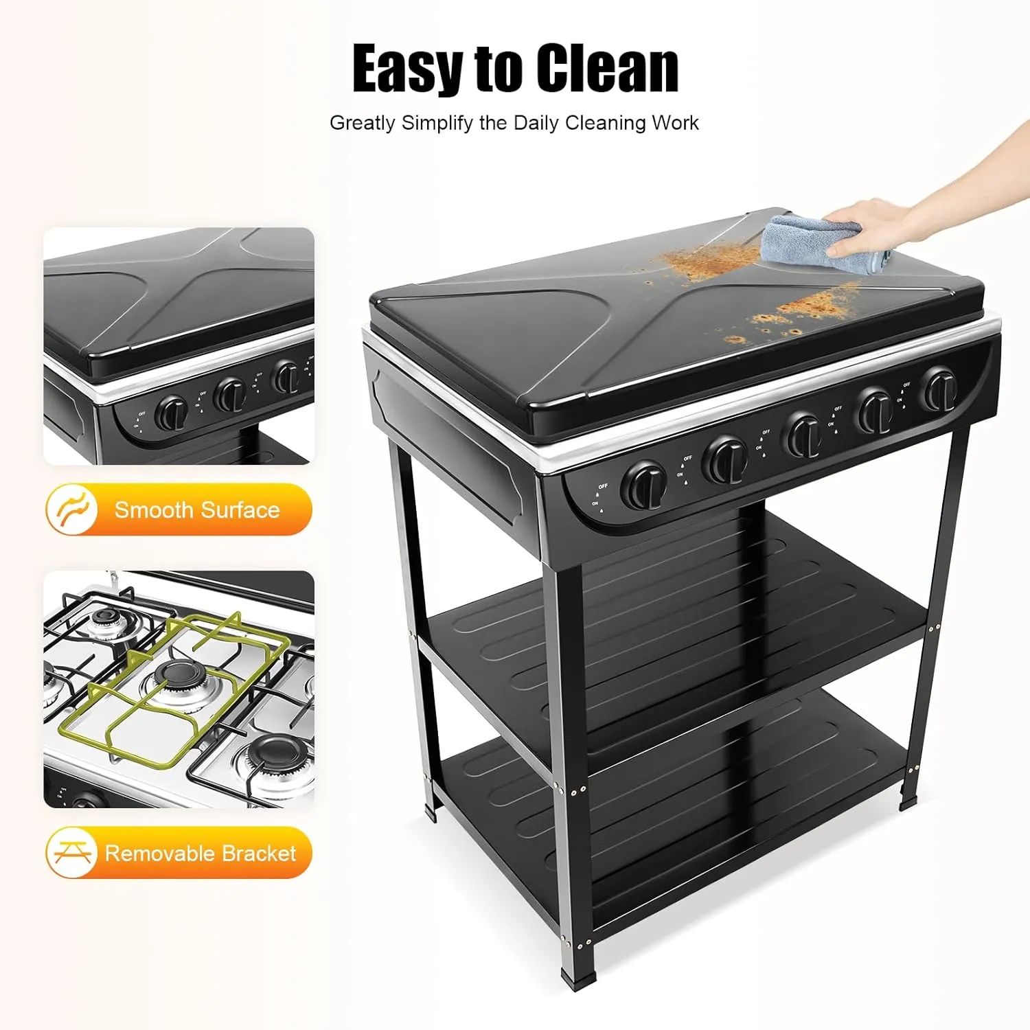 Natural Gas Stove, 5 Burner Natural Gas Burner Portable Black Camping Stove Manual Ignition Gas Stove with Support Leg Stand and Wind Blocking Cover for RV, Apartment, Outdoor Cooking