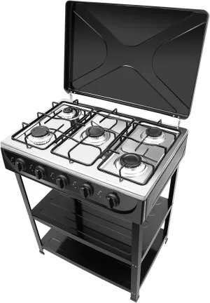 Natural Gas Stove, 5 Burner Natural Gas Burner Portable Black Camping Stove Manual Ignition Gas Stove with Support Leg Stand and Wind Blocking Cover for RV, Apartment, Outdoor Cooking