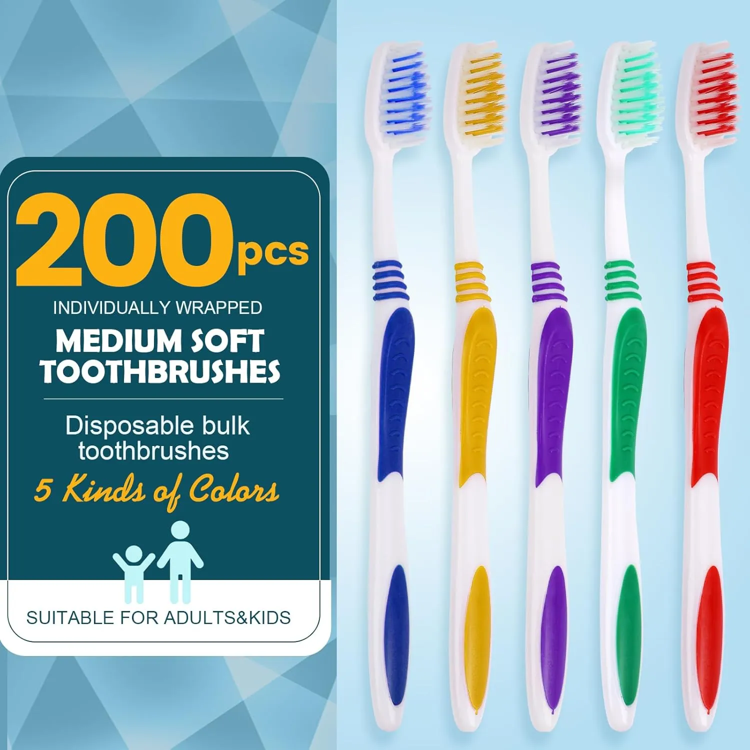 Navona 200 PCS Premium Individually Wrapped Bulk Toothbrush Pack, Disposable Toothbrushes, Kids Toothbrush, Medium Soft Bristle Toothbrushes, Ergonomics Handle, Perfect for Travel Hotel Donation
