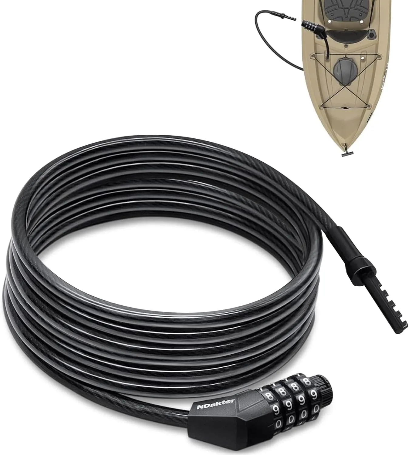 NDakte Bike Lock, Extra Long Straight Cable Lock(6ft to 27ft) with Resettable Combination, Unique Male Narrow Designed to Especially Suitable for Kayak, Scooter and Paddle Boards Canoe Jet Ski