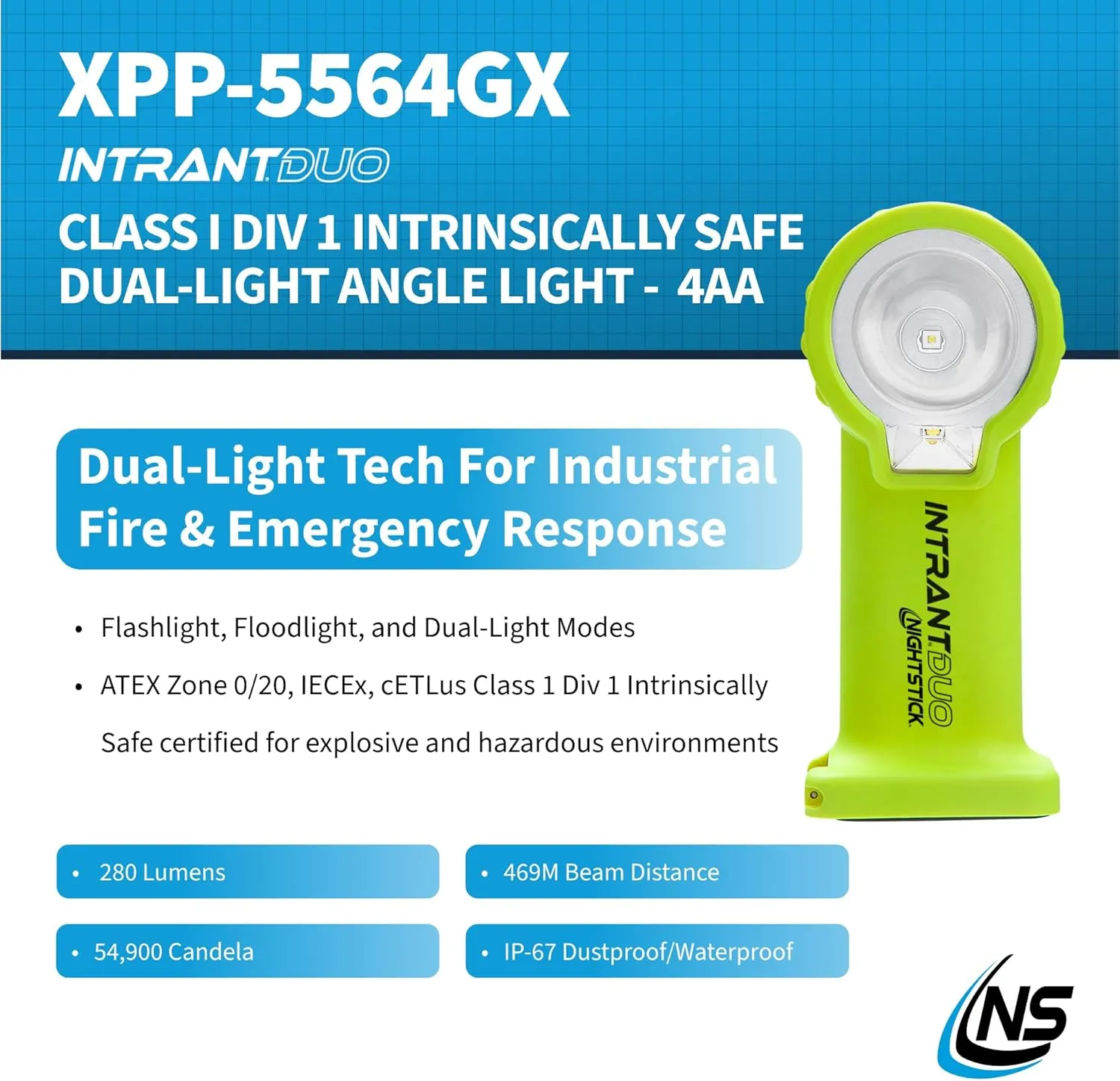 Nightstick XPP-5564 Intrant® Duo Intrinsically Safe Turbo Dual-Light Angle Light - 4 AA