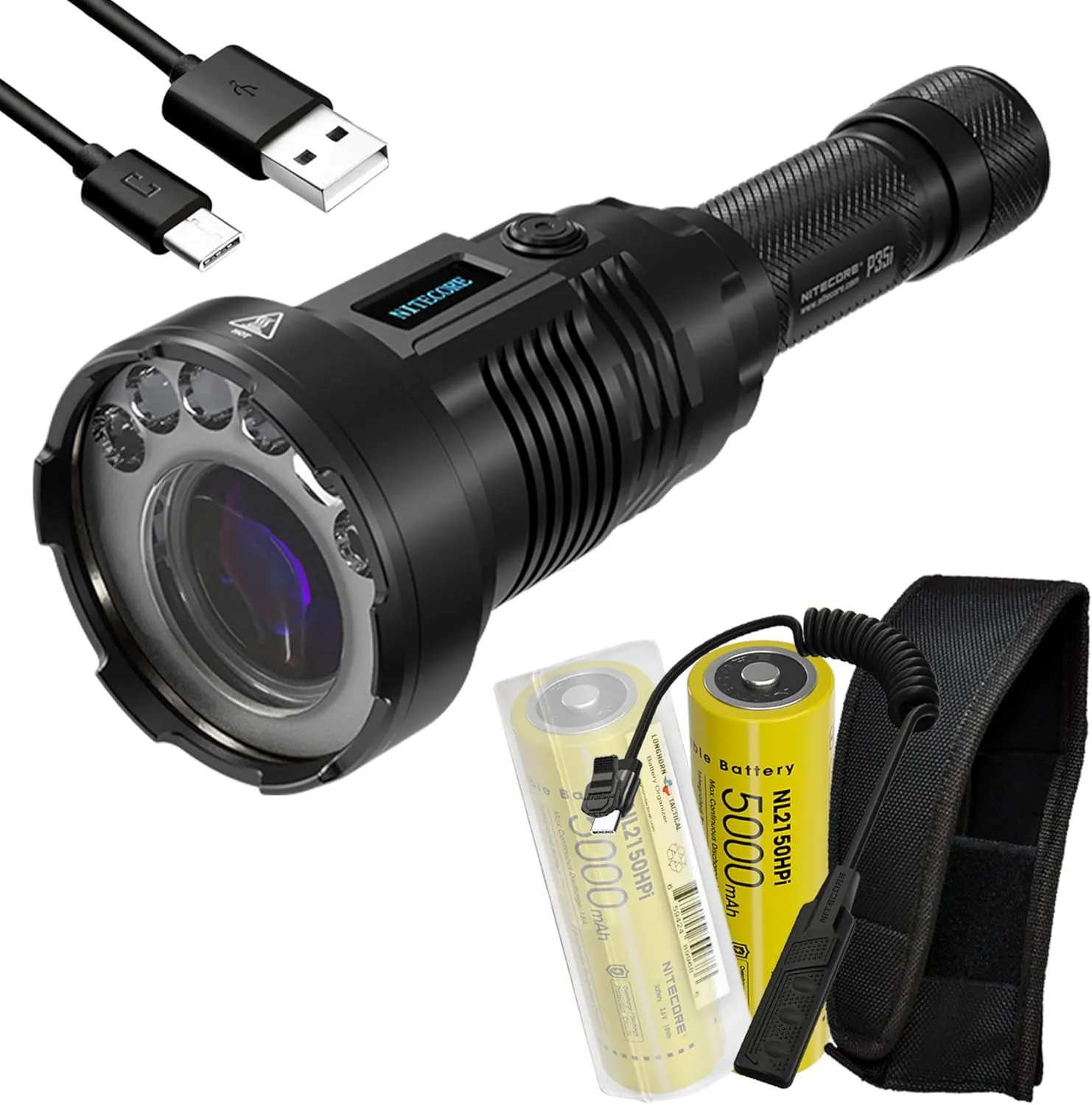 Nitecore P35i LEP Flashlight, 3000 Lumen USB-C Rechargeable Long Throw with Two NL2150HPi and LumenTac Organizer