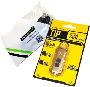 Nitecore TIP keychain flashlight; 360 lumen USB rechargeable; gold color body with EdisonBright brand USB charging cable