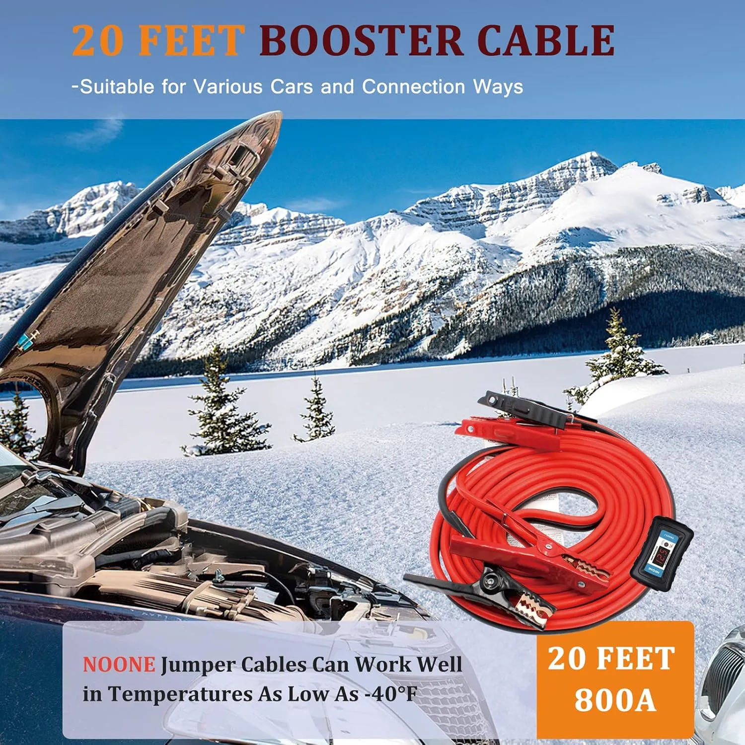 NOONE 2 Gauge Jumper Cable Heavy Duty Car Battery Clamps, for Jump Starting Dead or Weak Batteries Booster Cables with S7 Reverse Polarity Protection and Carry (2 Gauge 20 Feet)