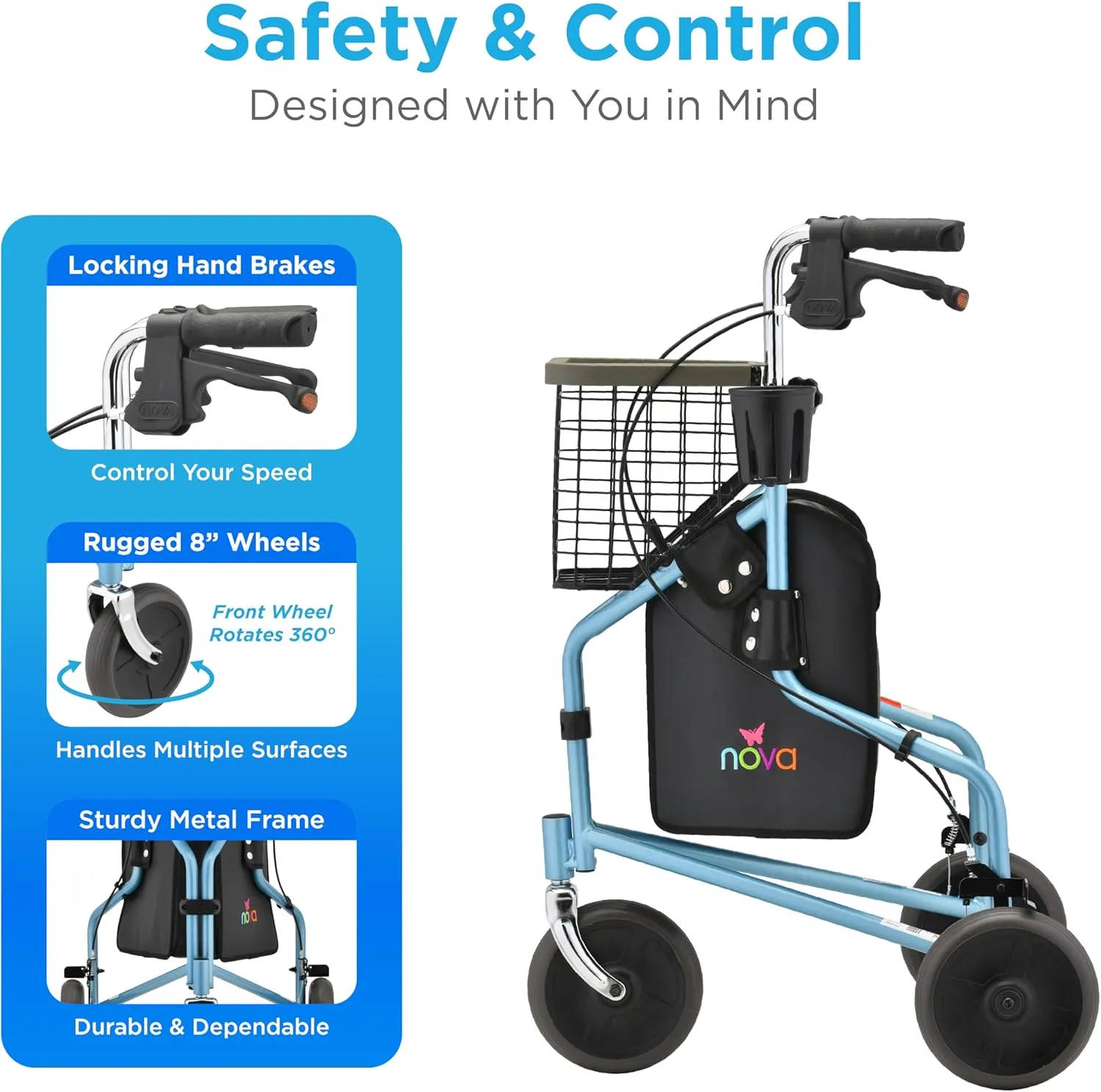 NOVA Medical Products Traveler 3 Wheel Rollator Walker, All Terrain 8” Wheels, Includes Bag, Basket and Tray, Sky Blue, 1 Count (Pack of 1)