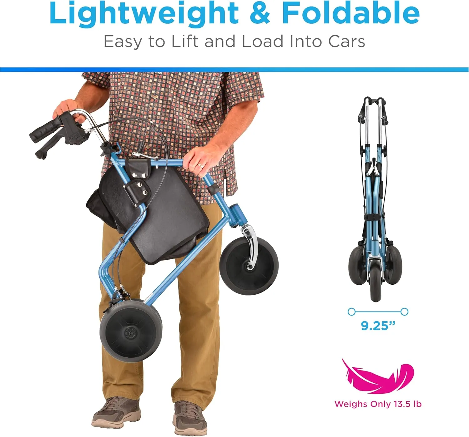 NOVA Medical Products Traveler 3 Wheel Rollator Walker, All Terrain 8” Wheels, Includes Bag, Basket and Tray, Sky Blue, 1 Count (Pack of 1)