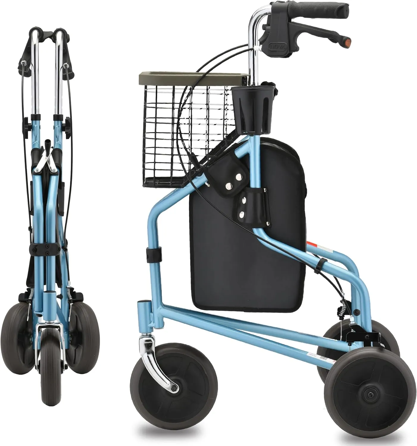 NOVA Medical Products Traveler 3 Wheel Rollator Walker, All Terrain 8” Wheels, Includes Bag, Basket and Tray, Sky Blue, 1 Count (Pack of 1)
