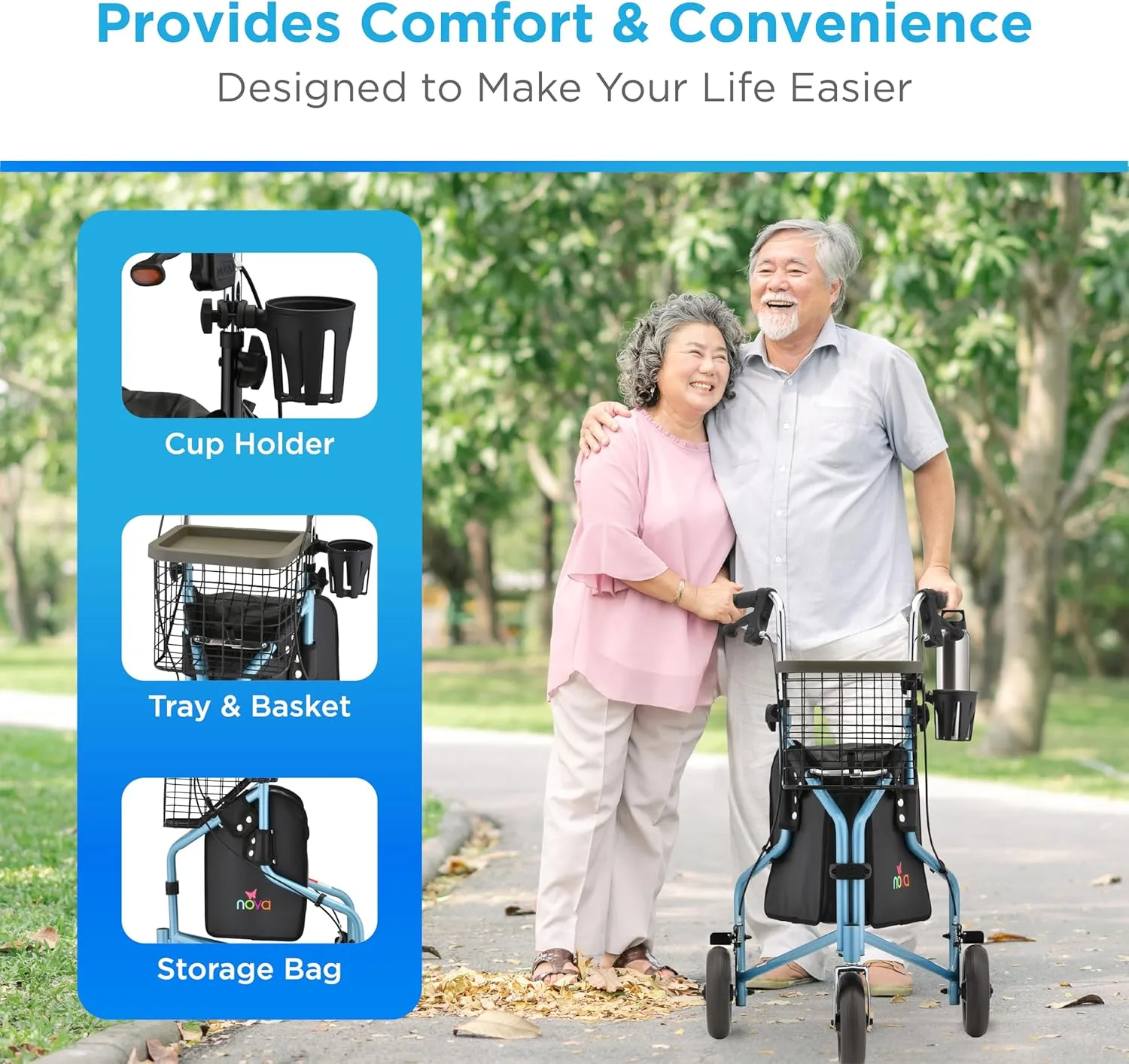 NOVA Medical Products Traveler 3 Wheel Rollator Walker, All Terrain 8” Wheels, Includes Bag, Basket and Tray, Sky Blue, 1 Count (Pack of 1)