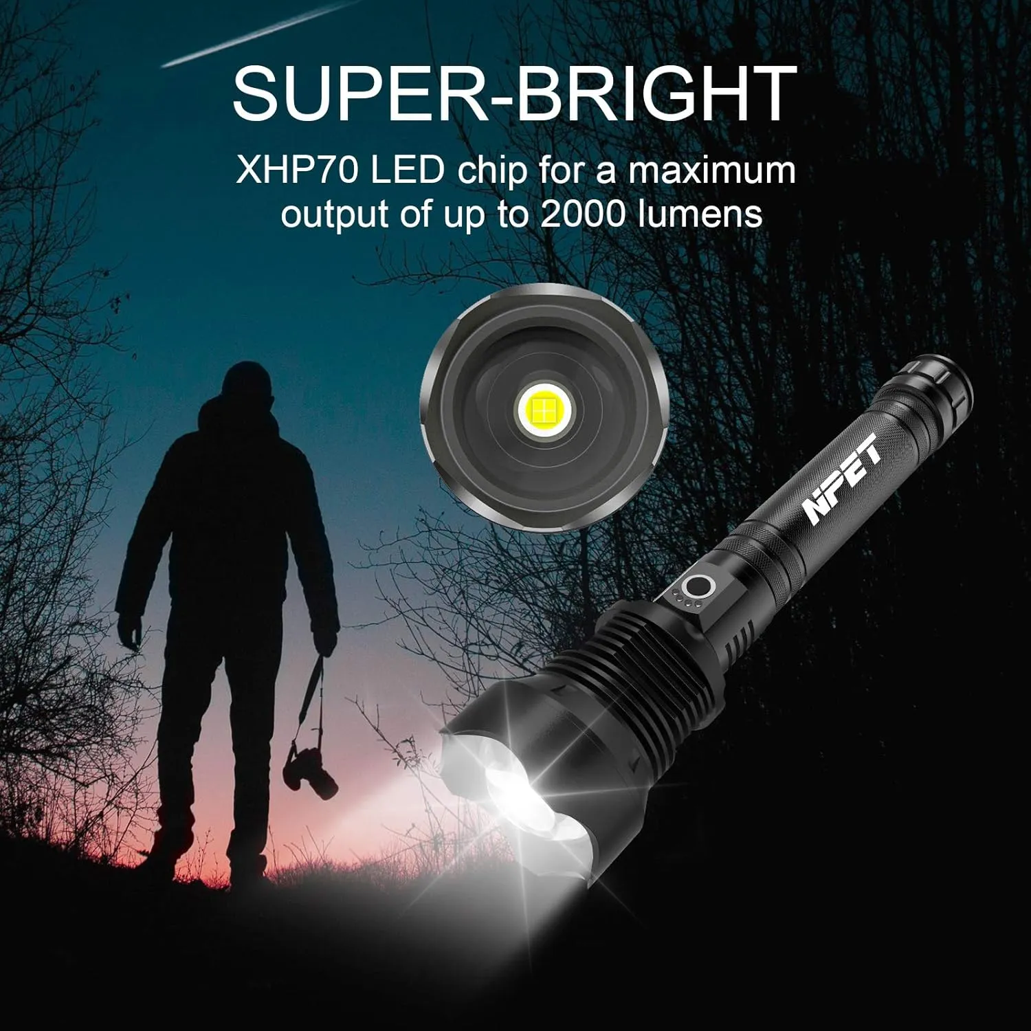 NPET XHP70 LED Flashlight USB Rechargeable Tactical Flashlight, Super Bright 2000 Lumens Zoomable Flashlight Camping, Hiking, Home, Outdoor and Emergency, with Waterproof and Shock Resistant