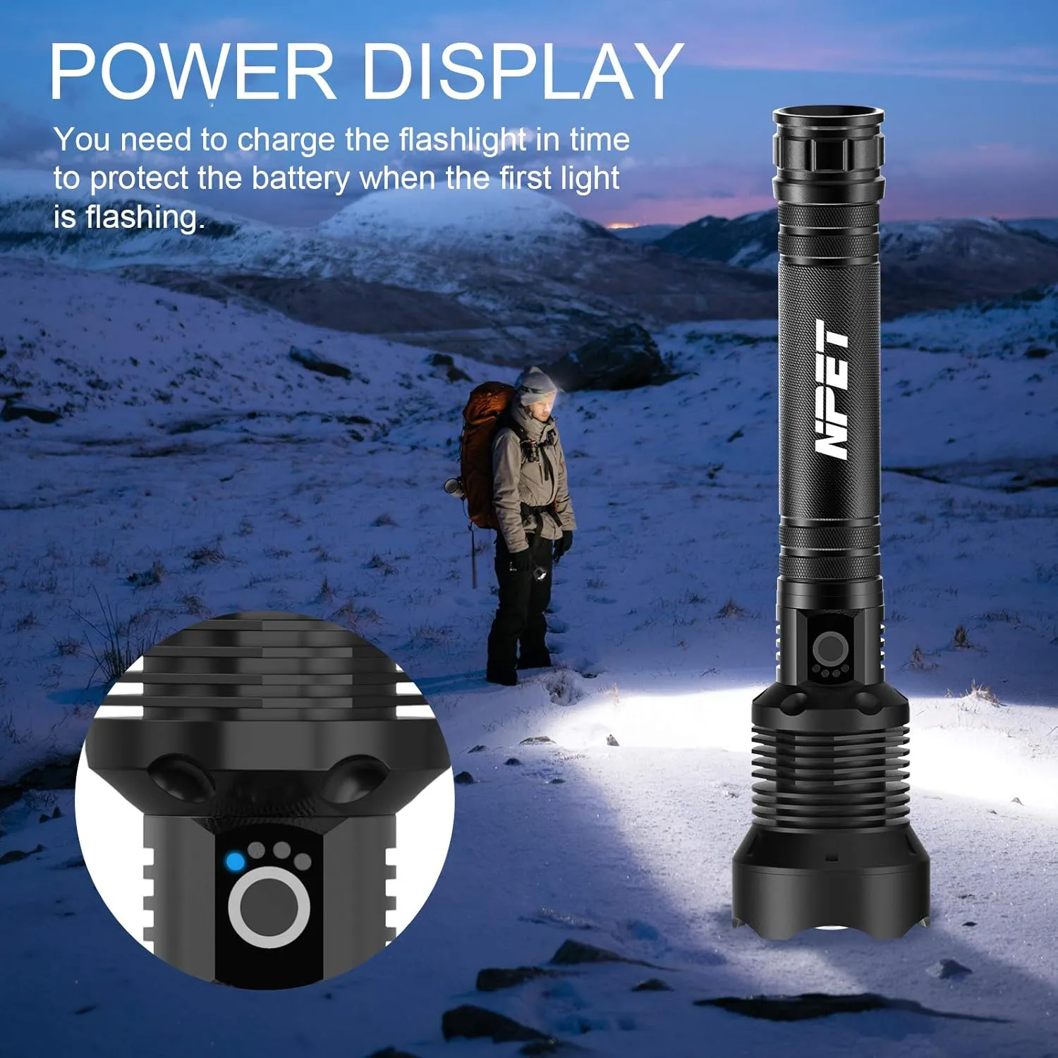 NPET XHP70 LED Flashlight USB Rechargeable Tactical Flashlight, Super Bright 2000 Lumens Zoomable Flashlight Camping, Hiking, Home, Outdoor and Emergency, with Waterproof and Shock Resistant