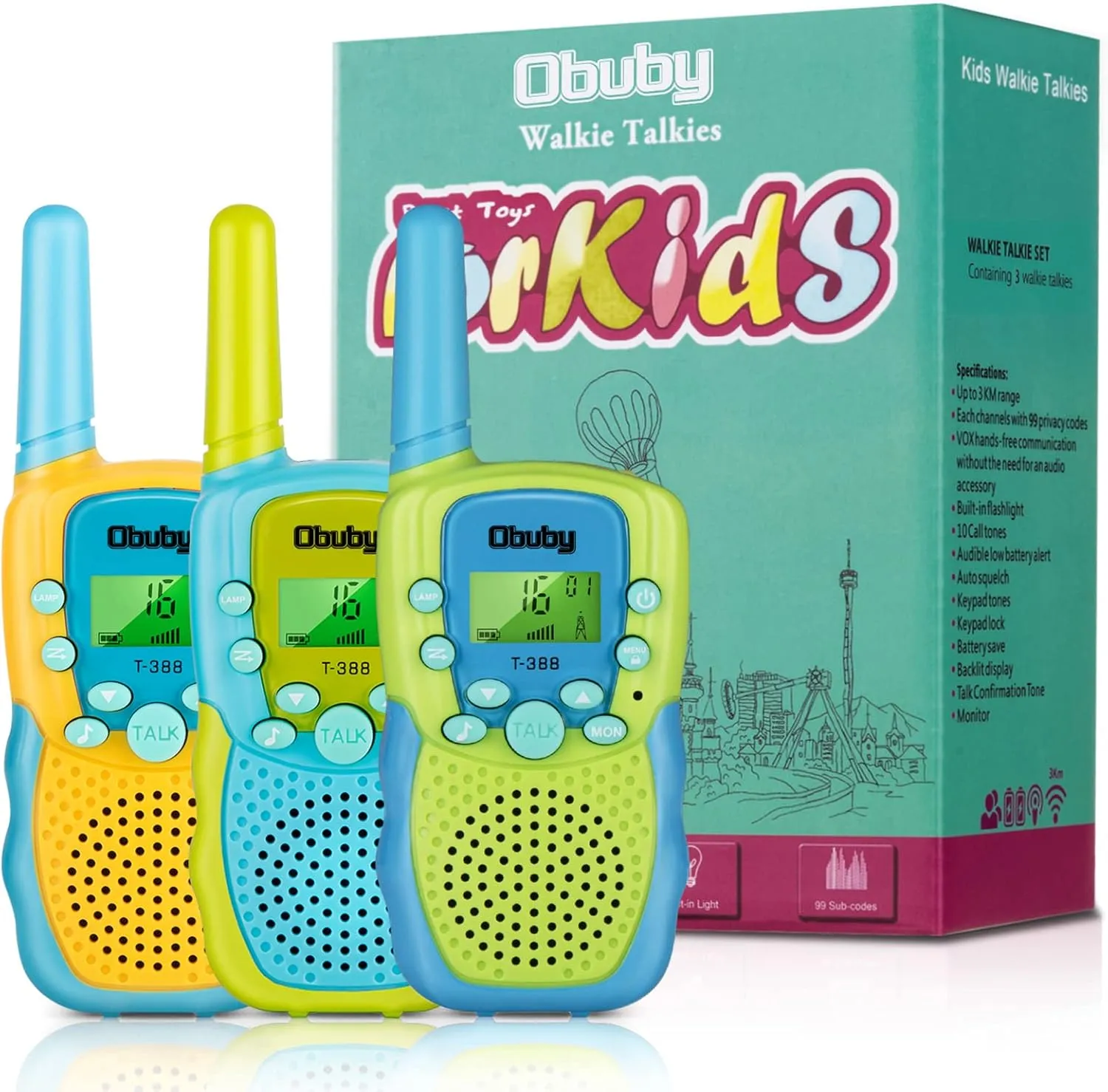 Obuby Toys for 3-12 Year Old Boys， Walkie Talkies for Kids 22 Channels 2 Way Radio Gifts Toys with Backlit LCD Flashlight 3 KMs Range Gift Toys for Age 3 up Boy and Girls to Outside , Hiking, Camping