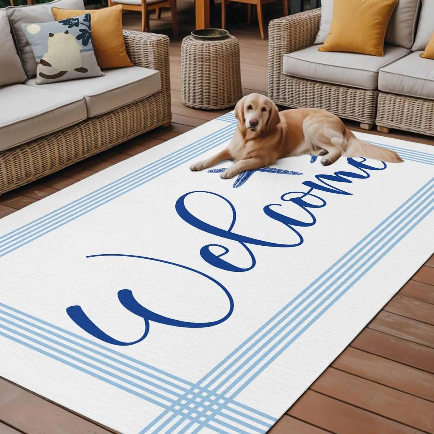 Ocean Blue Starfish Outdoor Rug 4x6ft Large Patio Rug, Washable RV Camping Outside Area Runner Rug Mat, Coastal Stripes Summer Ocean Indoor Outdoor Carpet for Picnic Backyard Deck Porch Balcony Beach
