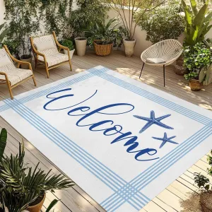 Ocean Blue Starfish Outdoor Rug 4x6ft Large Patio Rug, Washable RV Camping Outside Area Runner Rug Mat, Coastal Stripes Summer Ocean Indoor Outdoor Carpet for Picnic Backyard Deck Porch Balcony Beach